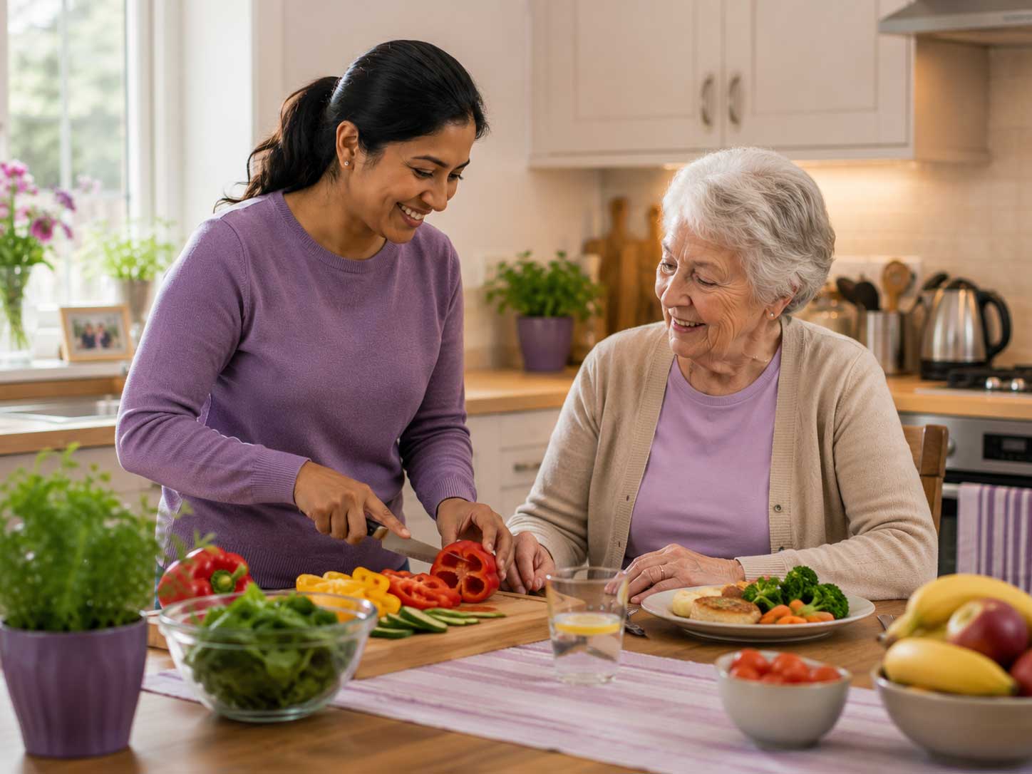 Carer supporting meal preparation and nutrition at home