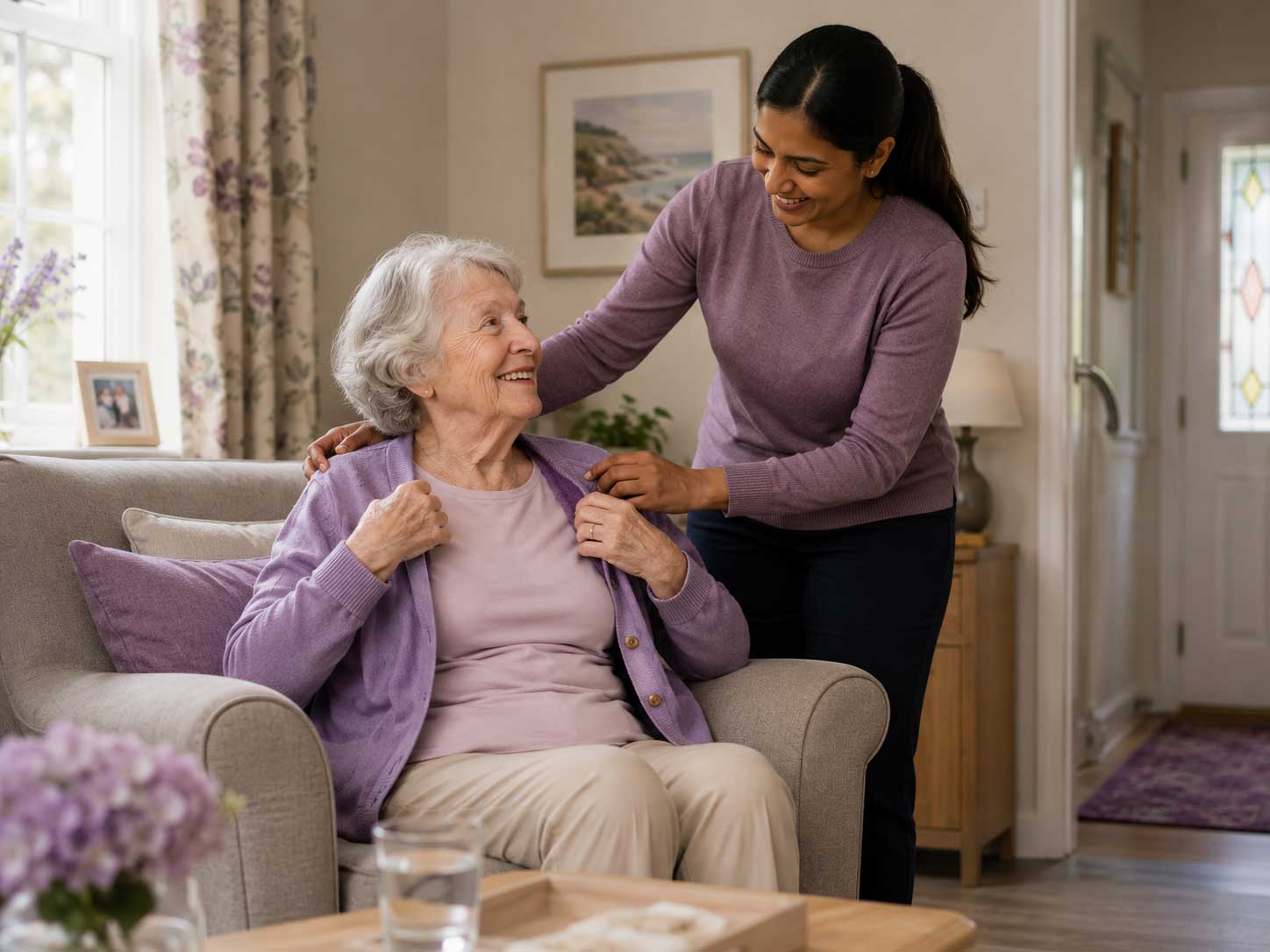 Carer providing respectful personal care support at home